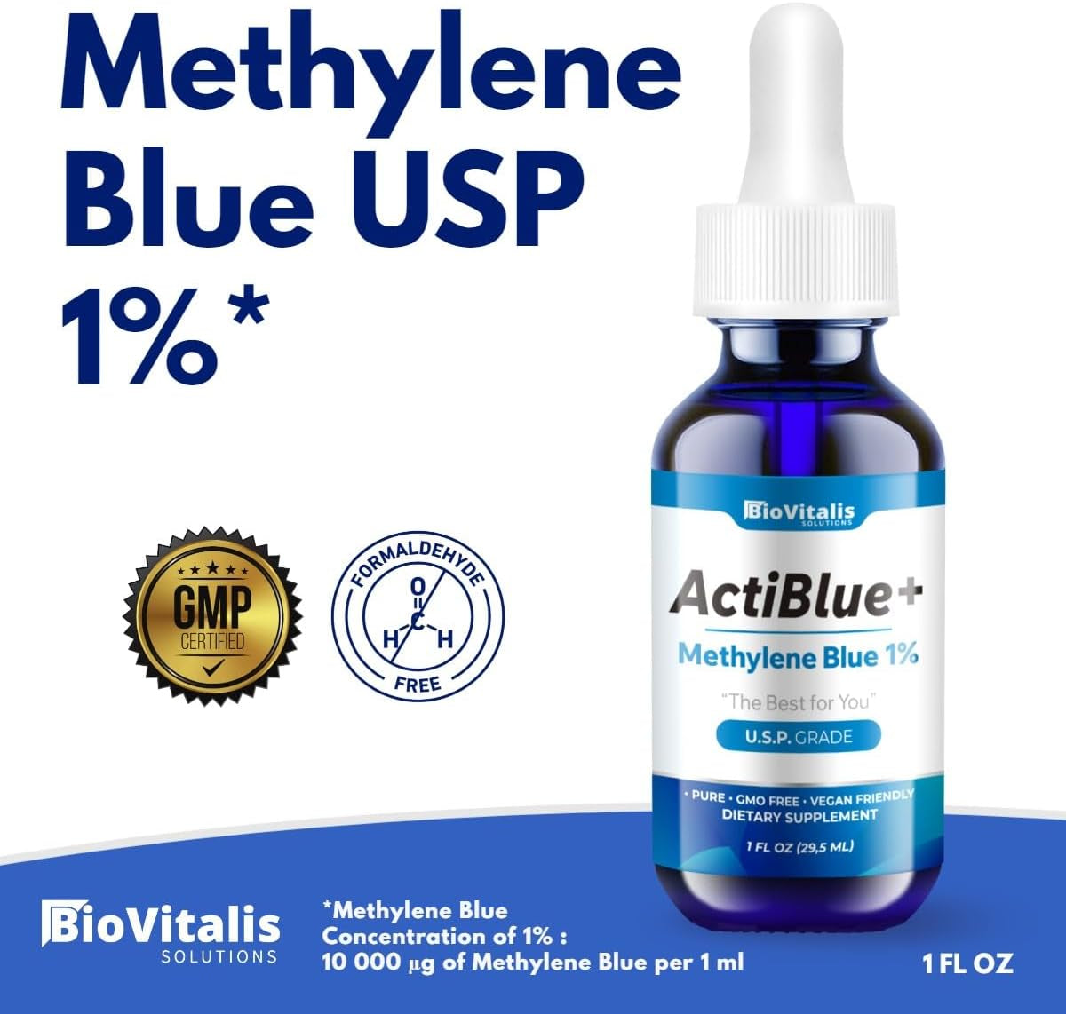 Actiblue+ Methylene Blue 1% : Methylene Blue Pharmaceutical Grade ISO Certified Third Party Lab Tested 99,9% No Formaldehyde No Alcohol No Gluten&Gmo(1Fl.Oz)