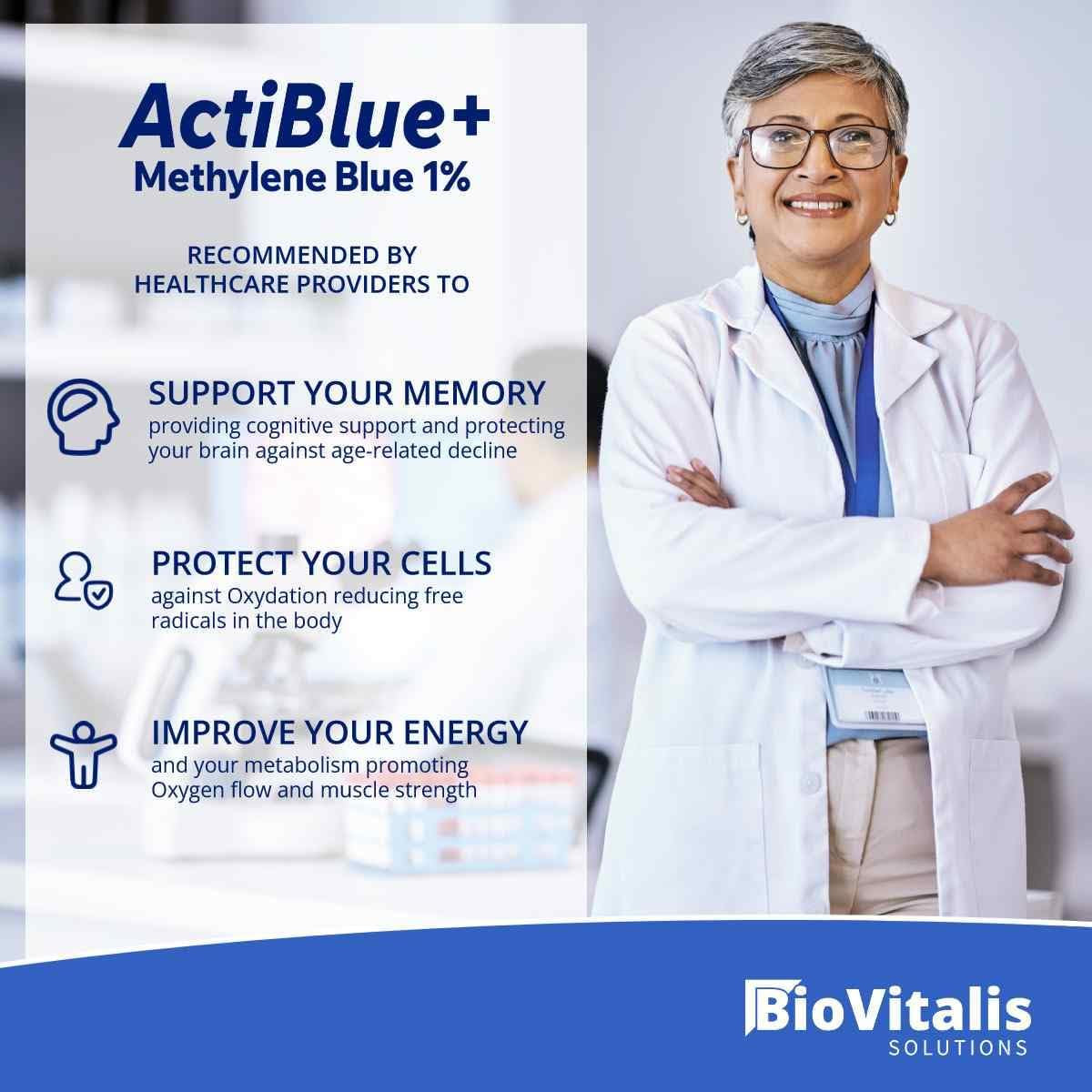 Actiblue+ Methylene Blue 1% : Methylene Blue Pharmaceutical Grade ISO Certified Third Party Lab Tested 99,9% No Formaldehyde No Alcohol No Gluten&Gmo(1Fl.Oz)