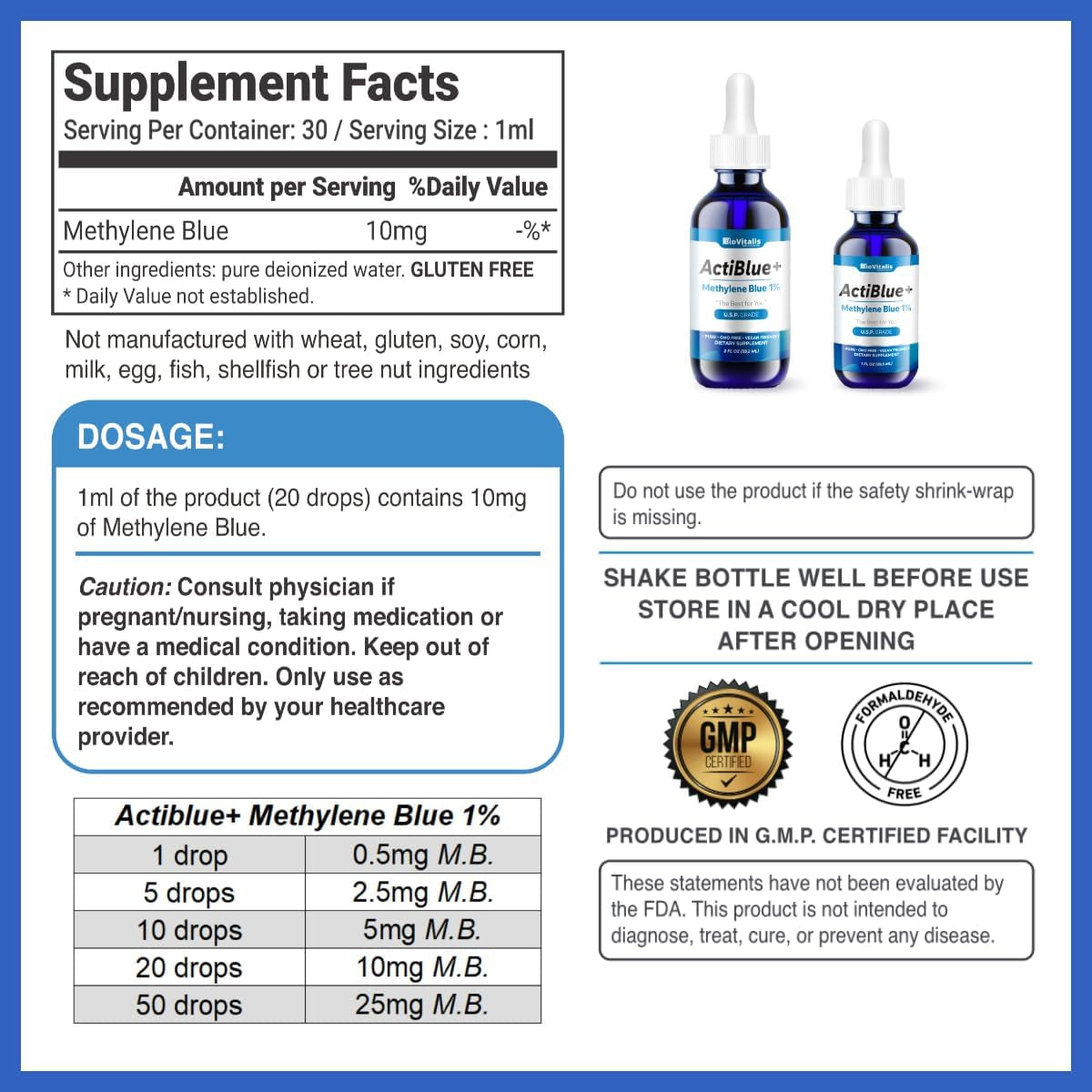 Actiblue+ Methylene Blue 1% : Methylene Blue Pharmaceutical Grade ISO Certified Third Party Lab Tested 99,9% No Formaldehyde No Alcohol No Gluten&Gmo(1Fl.Oz)