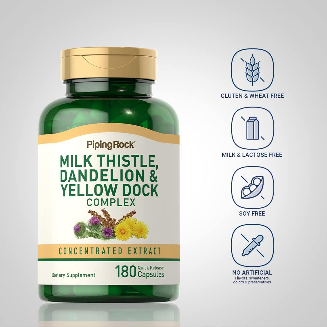Milk Thistle, Dandelion & Yellow Dock | 180 Capsules | Concentrated Extract Complex | Non-Gmo, Gluten Free Supplement
