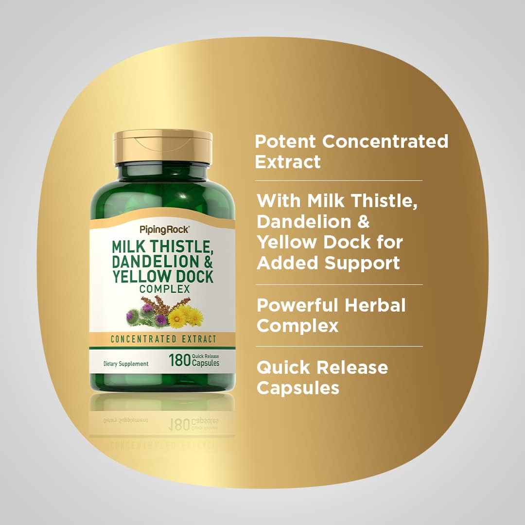 Milk Thistle, Dandelion & Yellow Dock | 180 Capsules | Concentrated Extract Complex | Non-Gmo, Gluten Free Supplement