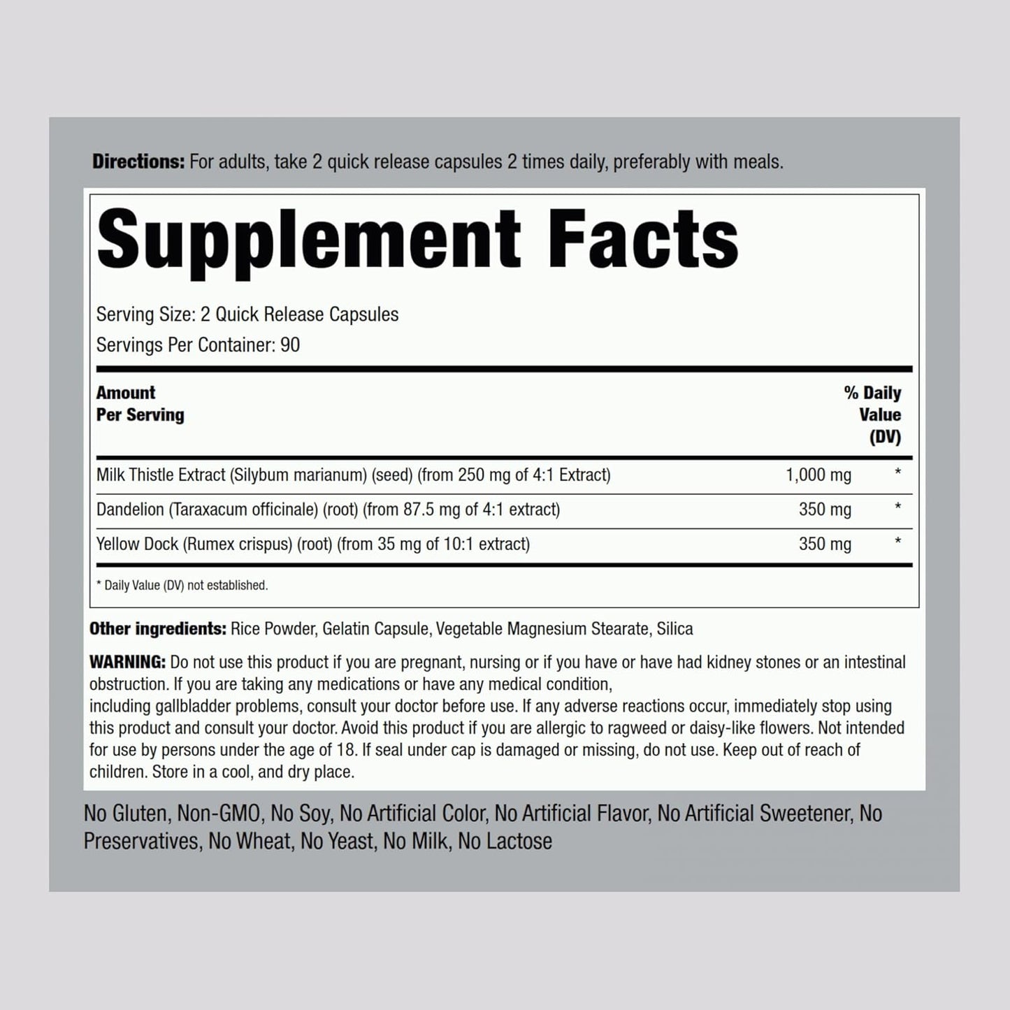 Milk Thistle, Dandelion & Yellow Dock | 180 Capsules | Concentrated Extract Complex | Non-Gmo, Gluten Free Supplement