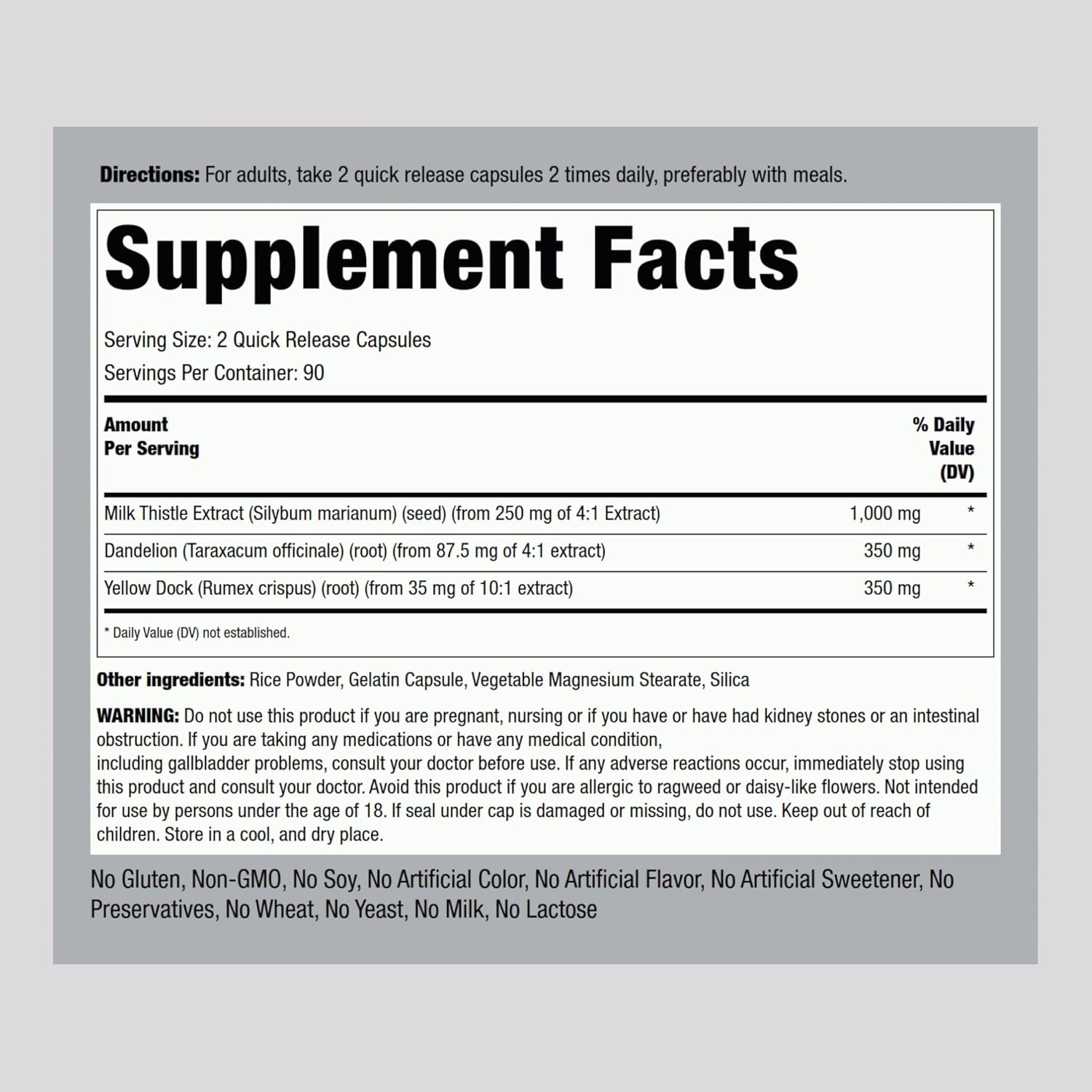 Milk Thistle, Dandelion & Yellow Dock | 180 Capsules | Concentrated Extract Complex | Non-Gmo, Gluten Free Supplement