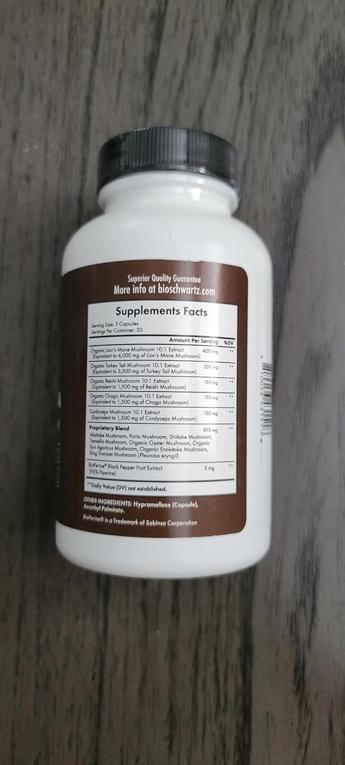 Organic Mushroom Complex | Lion’s Mane, Reishi, Turkey Tail, Cordyceps, Shiitake, Chaga + Black Pepper for Maximum Absorption | Boosts Energy, Focus & Memory | 90 Capsules