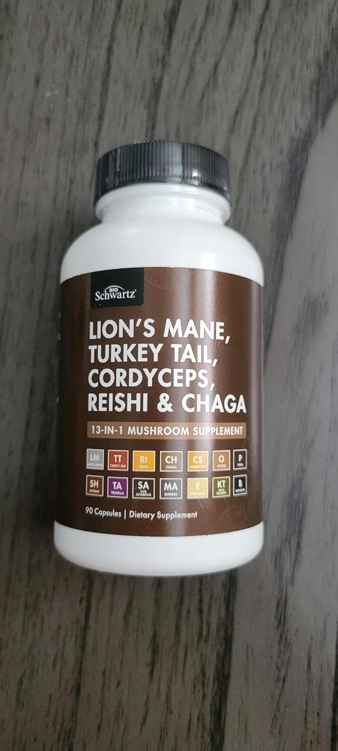 Organic Mushroom Complex | Lion’s Mane, Reishi, Turkey Tail, Cordyceps, Shiitake, Chaga + Black Pepper for Maximum Absorption | Boosts Energy, Focus & Memory | 90 Capsules