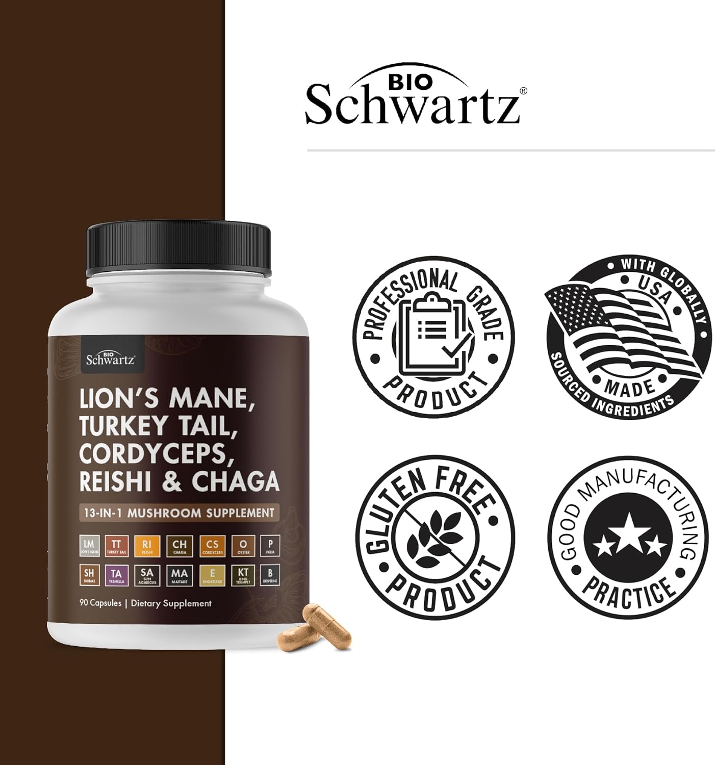 Organic Mushroom Complex | Lion’s Mane, Reishi, Turkey Tail, Cordyceps, Shiitake, Chaga + Black Pepper for Maximum Absorption | Boosts Energy, Focus & Memory | 90 Capsules