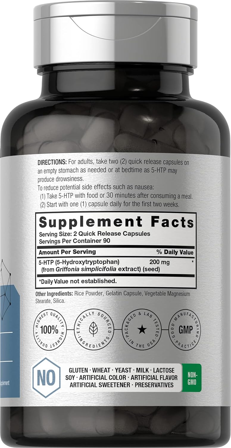 5HTP 200Mg Supplement | 180 Capsules | 5 Hydroxytryptophan | Griffonia Simplicifolia | Extra Strength | Non-Gmo, Gluten Free