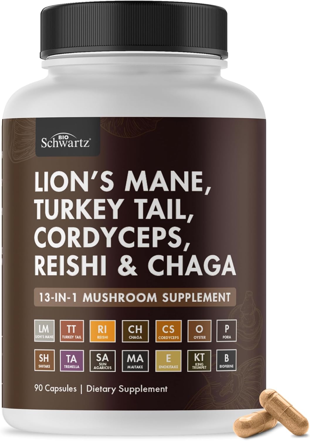 Organic Mushroom Complex | Lion’s Mane, Reishi, Turkey Tail, Cordyceps, Shiitake, Chaga + Black Pepper for Maximum Absorption | Boosts Energy, Focus & Memory | 90 Capsules
