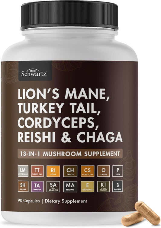 Organic Mushroom Complex | Lion’s Mane, Reishi, Turkey Tail, Cordyceps, Shiitake, Chaga + Black Pepper for Maximum Absorption | Boosts Energy, Focus & Memory | 90 Capsules