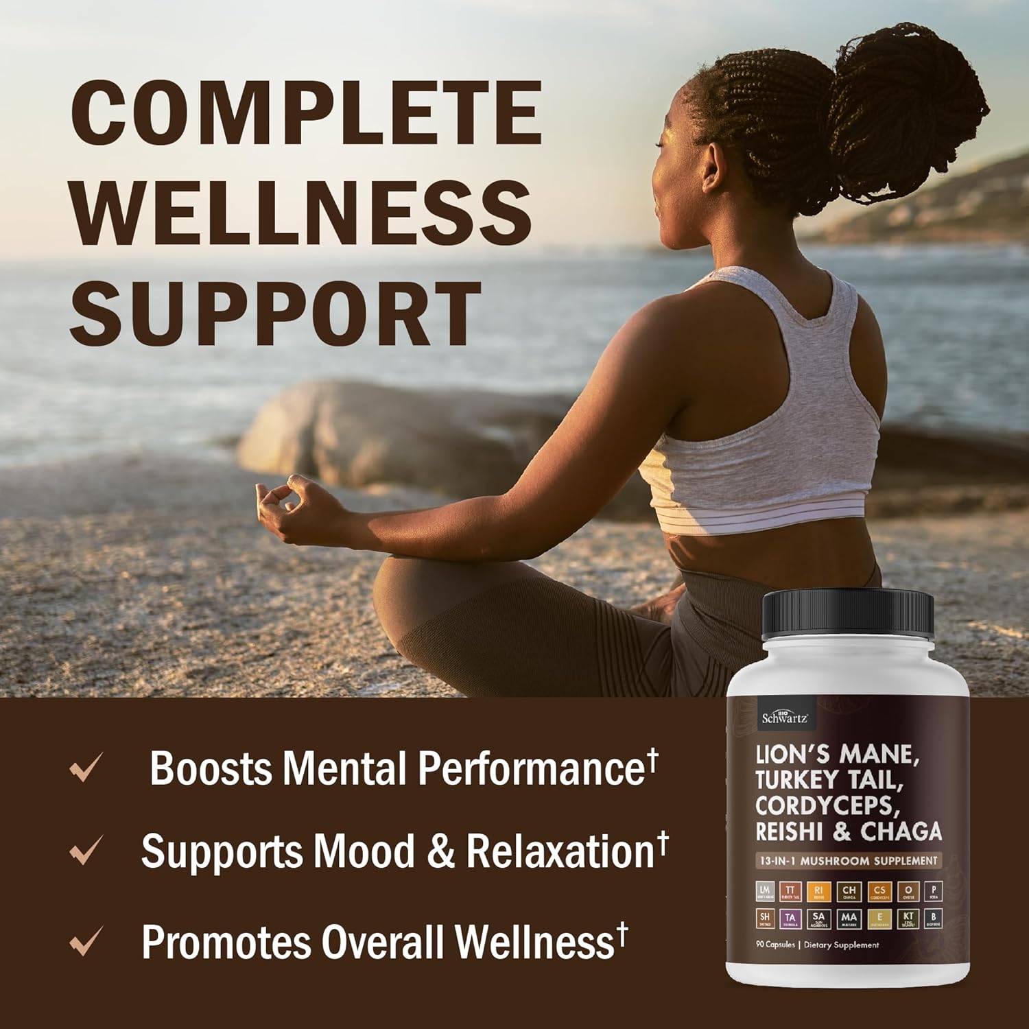 Organic Mushroom Complex | Lion’s Mane, Reishi, Turkey Tail, Cordyceps, Shiitake, Chaga + Black Pepper for Maximum Absorption | Boosts Energy, Focus & Memory | 90 Capsules