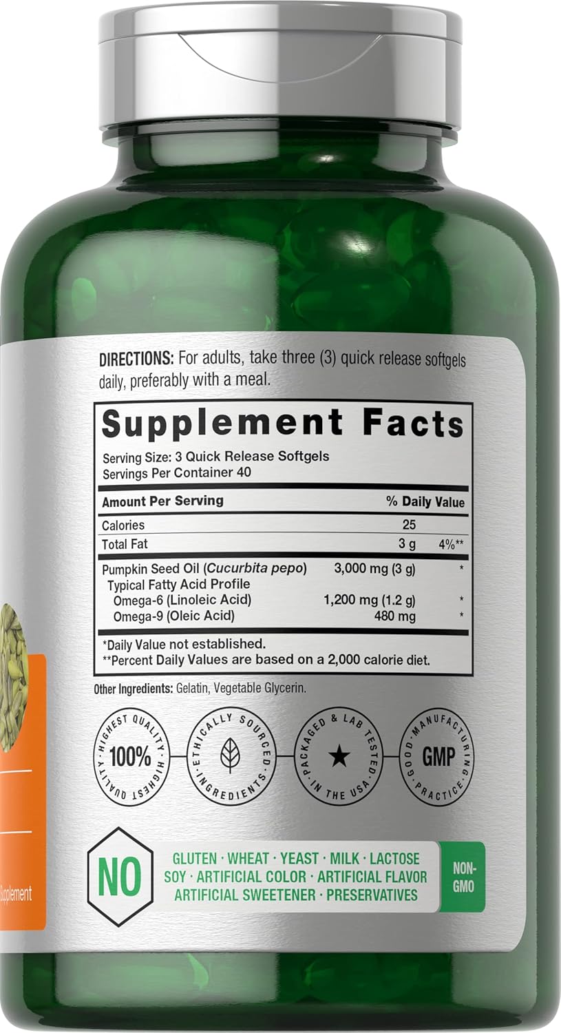 Pumpkin Seed Oil | 3000Mg | 120 Softgel Capsules | Cold Pressed Dietary Supplement | Non-Gmo and Gluten Free Formula