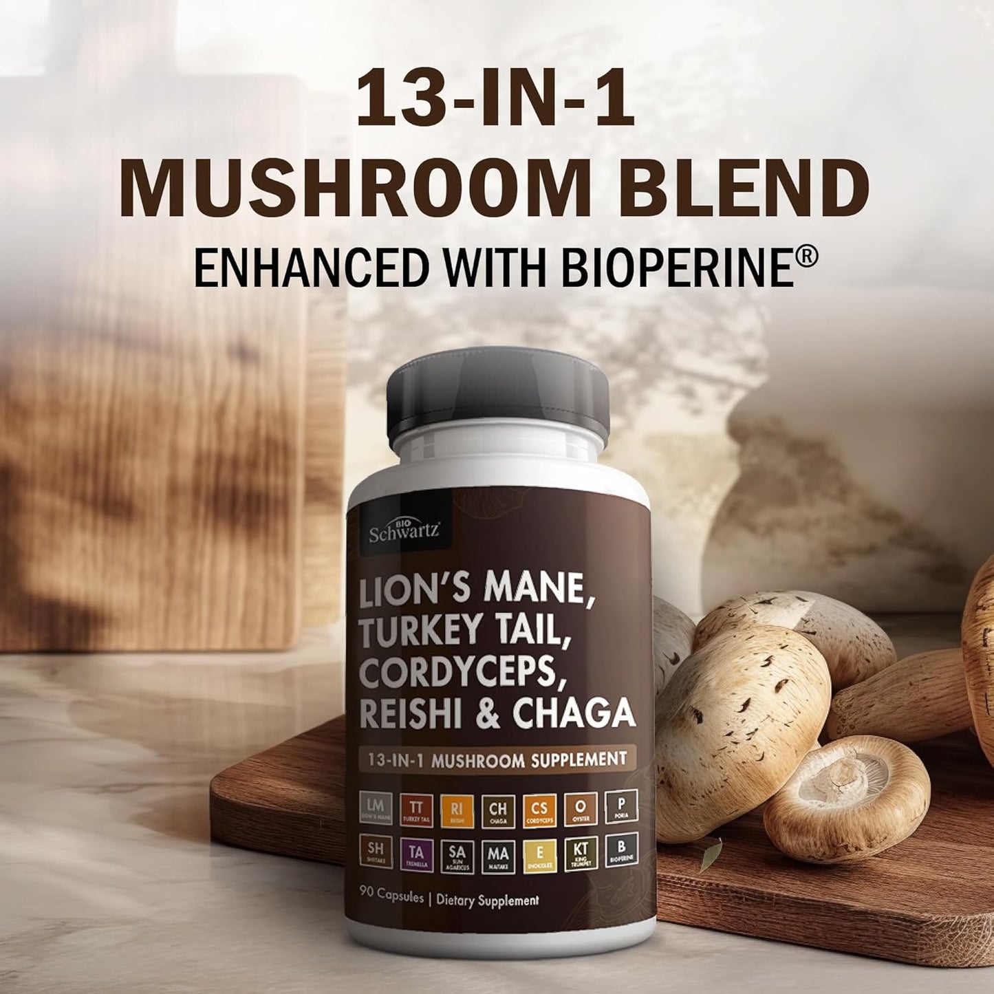 Organic Mushroom Complex | Lion’s Mane, Reishi, Turkey Tail, Cordyceps, Shiitake, Chaga + Black Pepper for Maximum Absorption | Boosts Energy, Focus & Memory | 90 Capsules