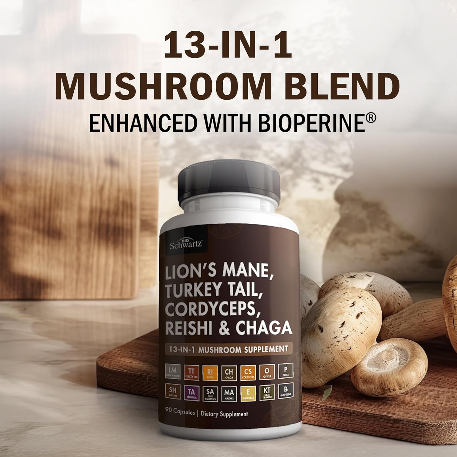 Organic Mushroom Complex | Lion’s Mane, Reishi, Turkey Tail, Cordyceps, Shiitake, Chaga + Black Pepper for Maximum Absorption | Boosts Energy, Focus & Memory | 90 Capsules