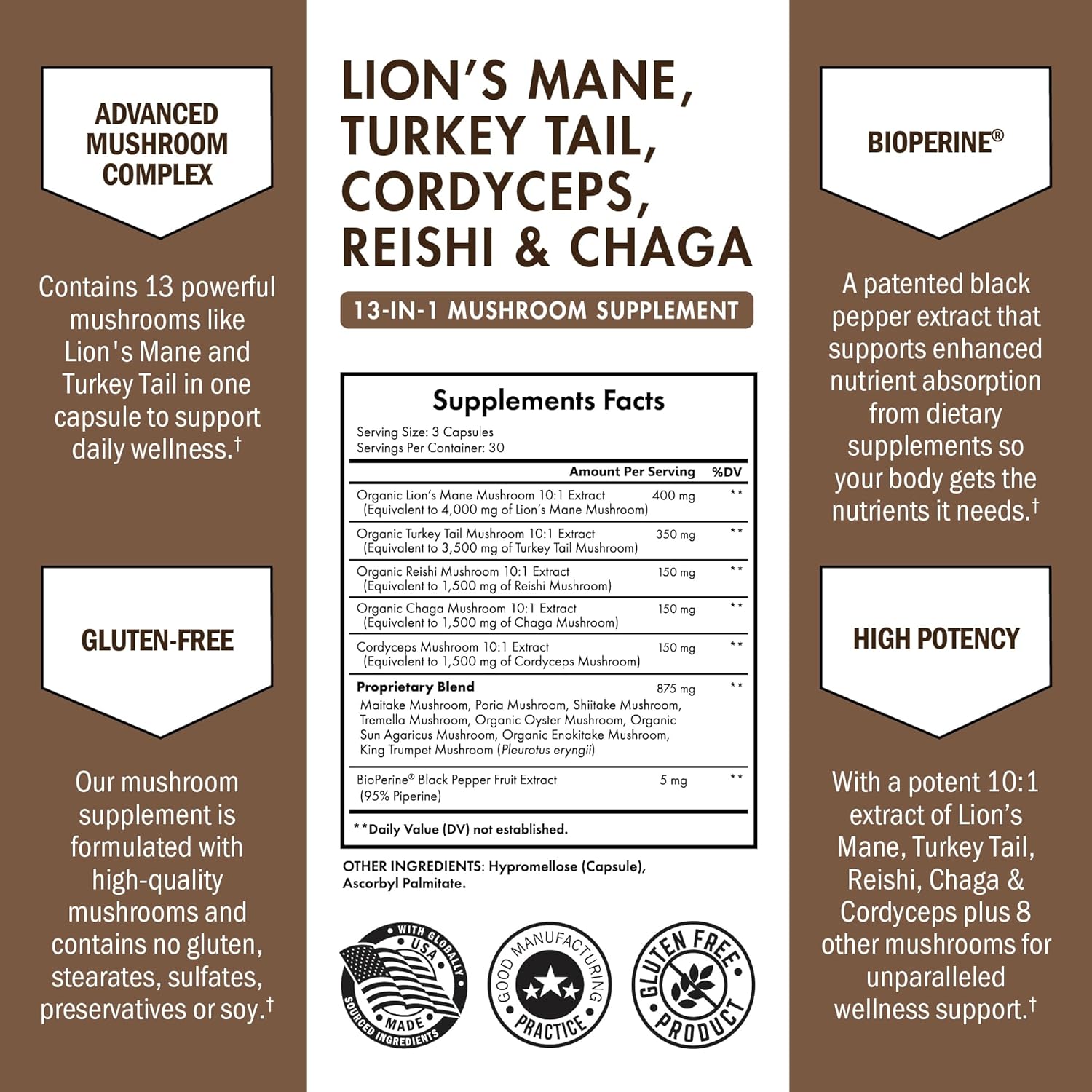 Organic Mushroom Complex | Lion’s Mane, Reishi, Turkey Tail, Cordyceps, Shiitake, Chaga + Black Pepper for Maximum Absorption | Boosts Energy, Focus & Memory | 90 Capsules