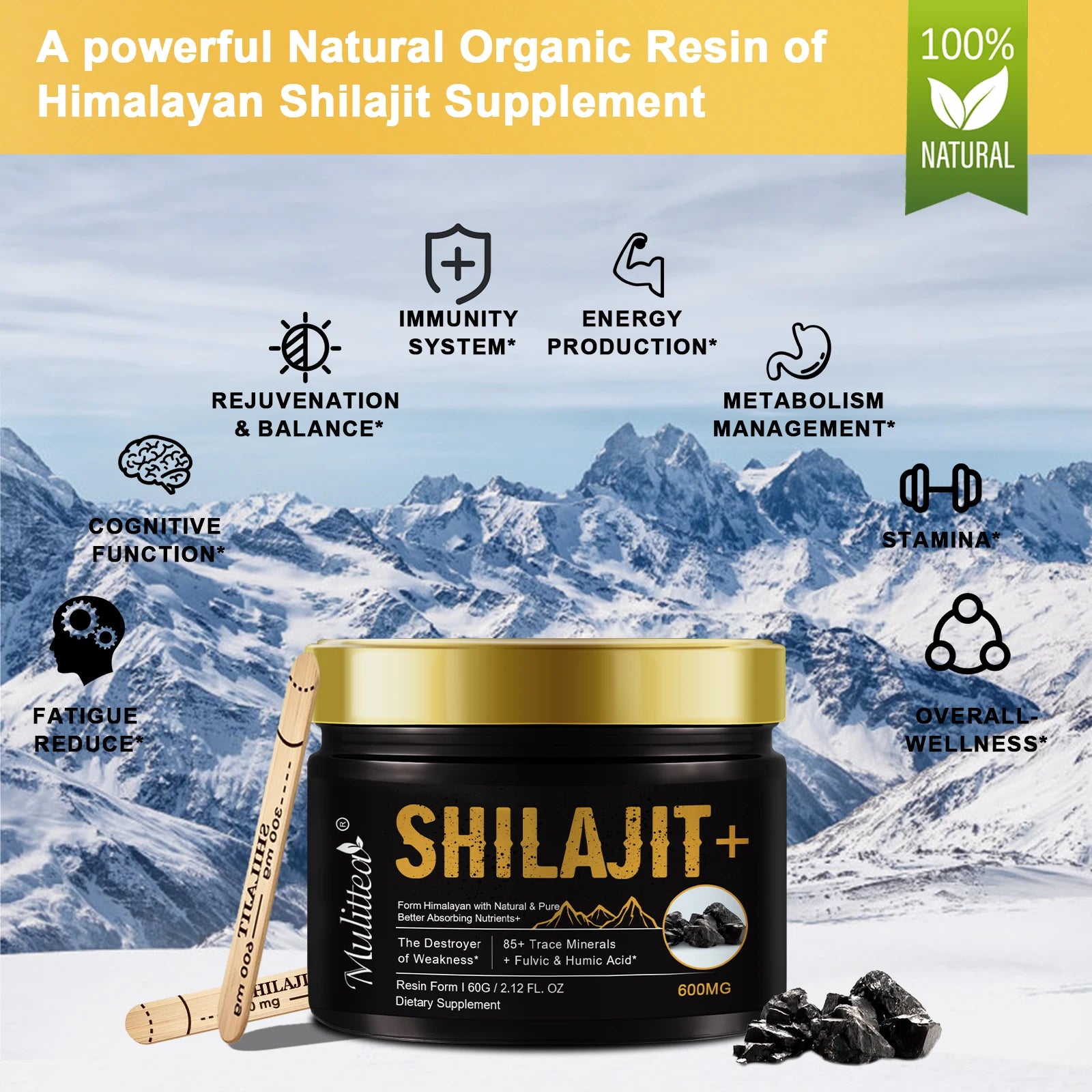 100% Pure Shilajits with 85+ Trace Minerals & Fulvic Acid Support Immune and Metabolic Health Brain Focus and Memory