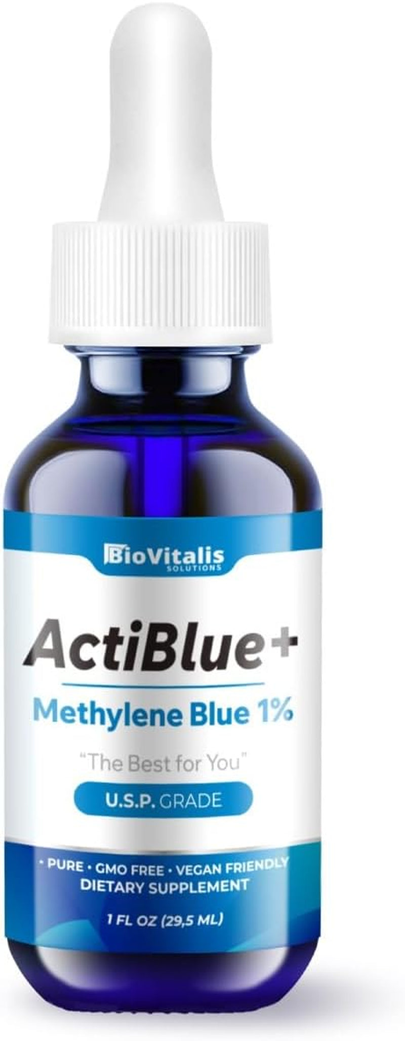 Actiblue+ Methylene Blue 1% : Methylene Blue Pharmaceutical Grade ISO Certified Third Party Lab Tested 99,9% No Formaldehyde No Alcohol No Gluten&Gmo(1Fl.Oz)